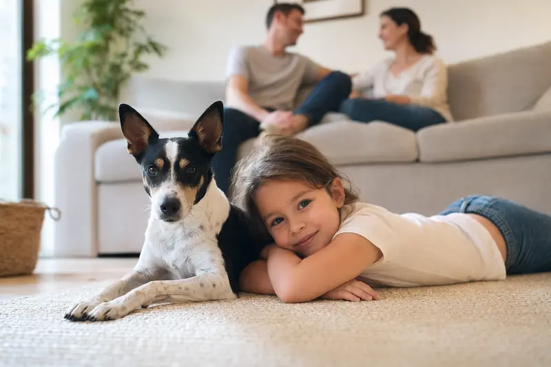 Ein Ratonero Bodeguero Andaluz liegt entspannt neben einem Kind im Wohnzimmer in einer sicheren Familienatmosphäre.