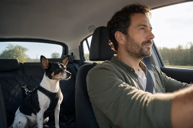 Ein Ratonero Bodeguero Andaluz sitzt sicher angeschnallt auf der Rückbank eines Autos, während sein Besitzer fährt.