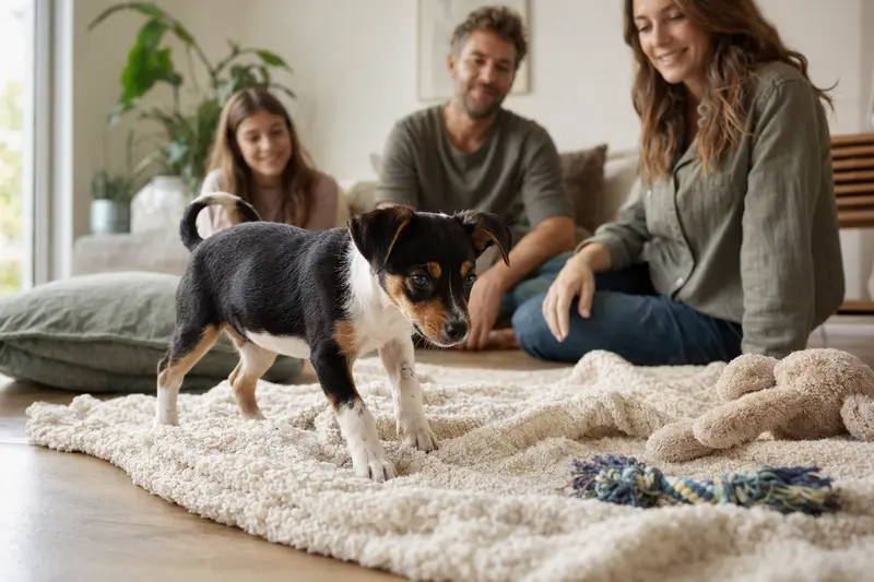 Der neugierige Ratonero Bodeguero Andaluz Welpe entdeckt sein neues Zuhause mit einer weichen Decke und Spielzeug vor einer liebevollen Familie.