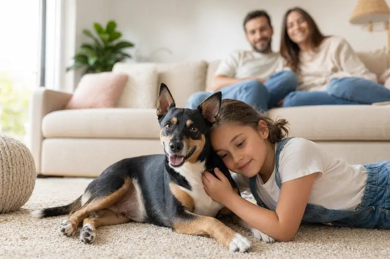 Ein freundlicher Ratonero Mallorquin Hund liegt entspannt neben einem Kind im Wohnzimmer, während die Eltern im Hintergrund eine sichere Familienatmosphäre schaffen.