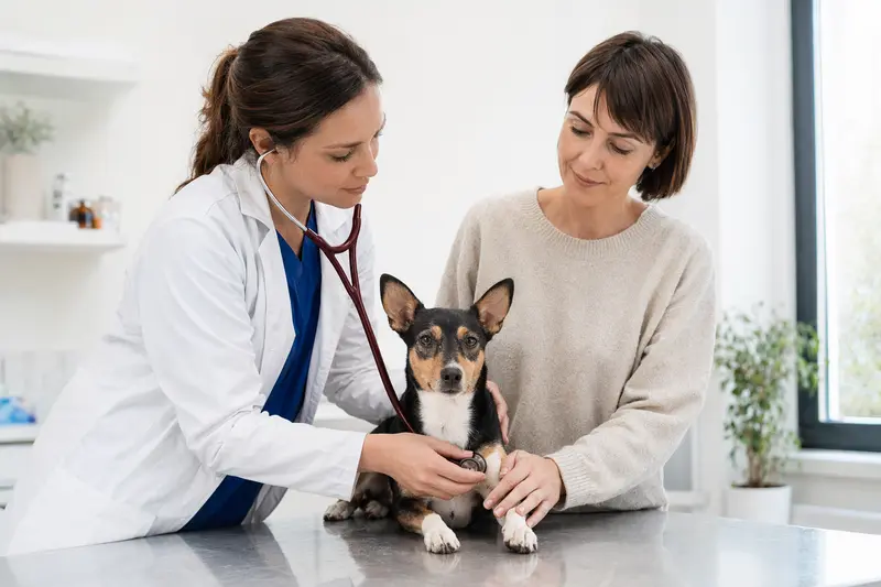 Eine freundliche Tierärztin untersucht einen Ratonero Mallorquin Hund auf einem Untersuchungstisch.