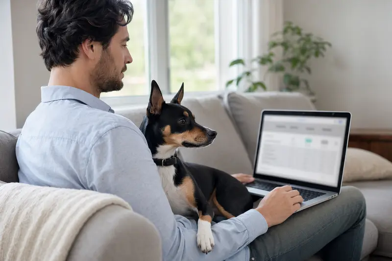 Ein Hund vom Typ Ratonero Mallorquin sitzt neben einem Laptop auf dem Sofa und wartet auf Entscheidungen zur Tierkrankenversicherung.
