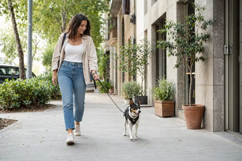 Ein Ratonero Valenciano läuft an der Leine mit seinem Besitzer durch eine moderne Stadtstraße.