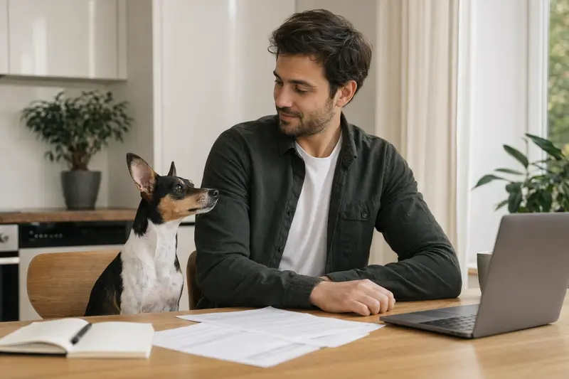 Ein Ratonero Valenciano sitzt ruhig neben seinem Besitzer am Küchentisch mit Versicherungsunterlagen und einem Laptop zu einer neutralen Vergleichsseite.