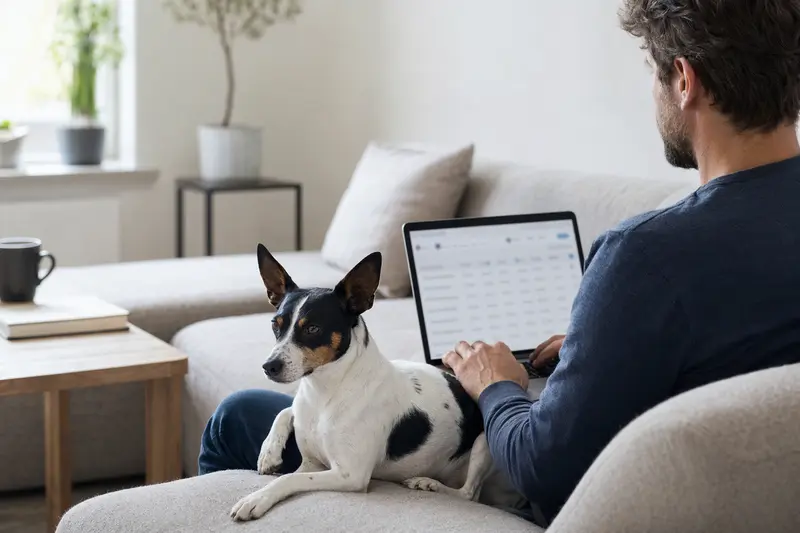 Ein Hundehalter sitzt entspannt mit einem Laptop auf dem Sofa, während ein Ratonero Valenciano an seiner Seite liegt und die Versicherungskosten überprüft.