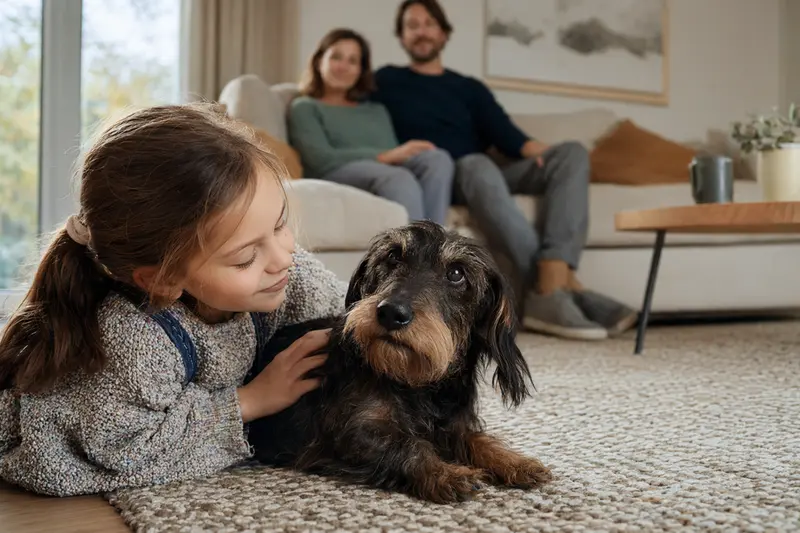 Freundlicher Rauhaar Teckel liegt entspannt neben einem Kind im Wohnzimmer, während die Eltern im Hintergrund eine sichere Familienatmosphäre schaffen.