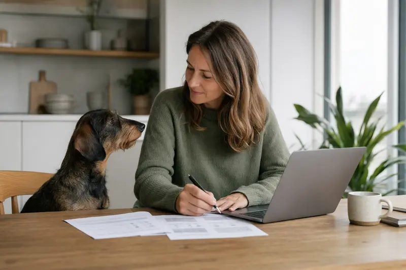 Ein Rauhaar Teckel sitzt ruhig neben seinem Besitzer am Küchentisch, während Versicherungsunterlagen und ein Laptop mit Vergleichsseite auf dem Tisch liegen.