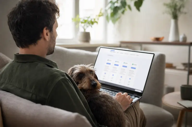 Ein Hundebesitzer entspannt mit einem Laptop auf dem Sofa, während ein Rauhaar Teckel neben ihm sitzt und eine Versicherungsvergleichsseite auf dem Bildschirm zu sehen ist.