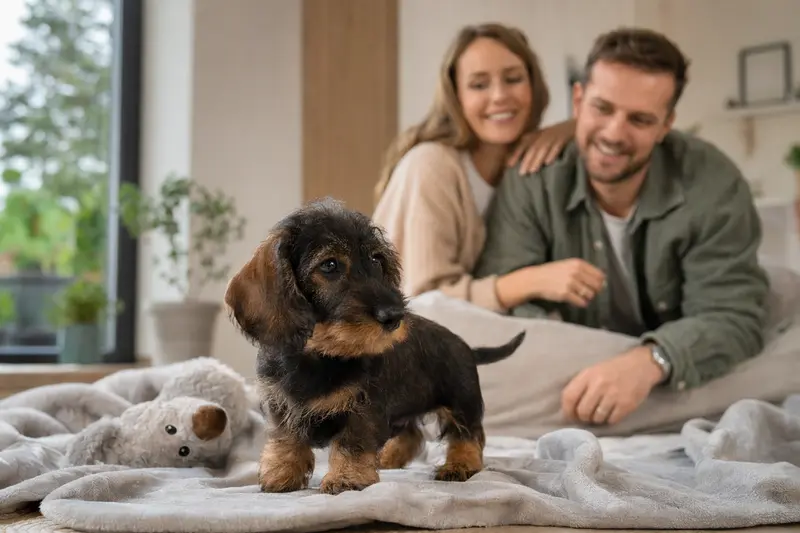 Ein neugieriger Rauhaar Teckel Welpe erkundet seine neue, freundliche Wohnung und wird von seiner liebevollen Familie umgeben.