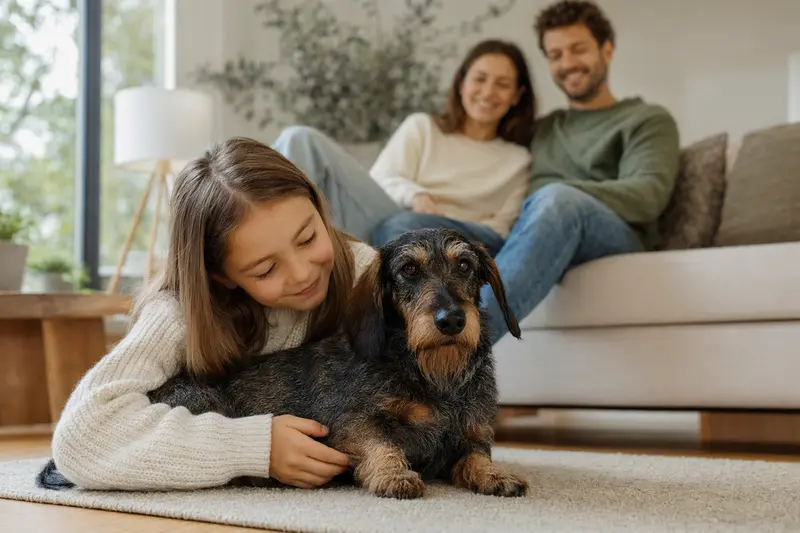 Ein freundlicher Rauhaardackel liegt entspannt neben einem Kind im hellen Wohnzimmer, während die Eltern im Hintergrund eine sichere Familienatmosphäre vermitteln.