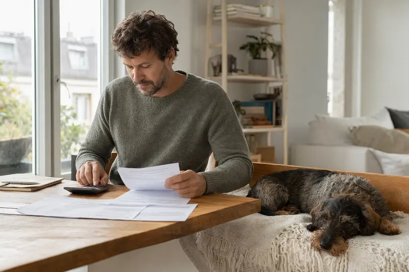 Ein Hundehalter sitzt mit einer Tierarztrechnung am Tisch, während ein ruhiger Rauhaardackel entspannt auf einer Decke liegt – ein passendes Bild zum Thema Tierarztkosten und Hundeversicherung.