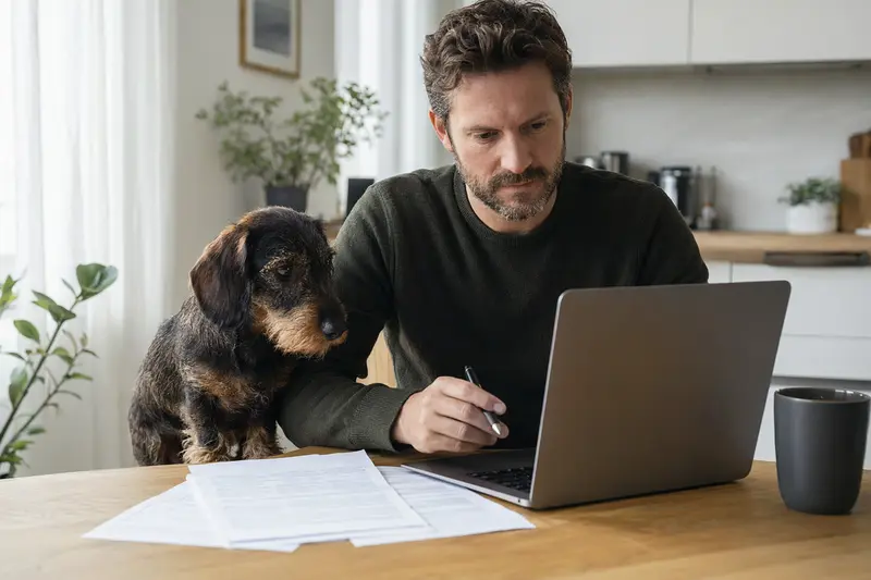 Ein Rauhaardackel sitzt ruhig neben seinem Besitzer am Küchentisch mit Versicherungsunterlagen und einem Laptop zur Hundekrankenversicherung.