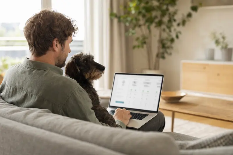 Ein Hundebesitzer arbeitet am Laptop auf dem Sofa, während ein Rauhaardackel neben ihm sitzt und eine neutrale Versicherungsvergleichs-Seite unscharf im Hintergrund angezeigt wird.