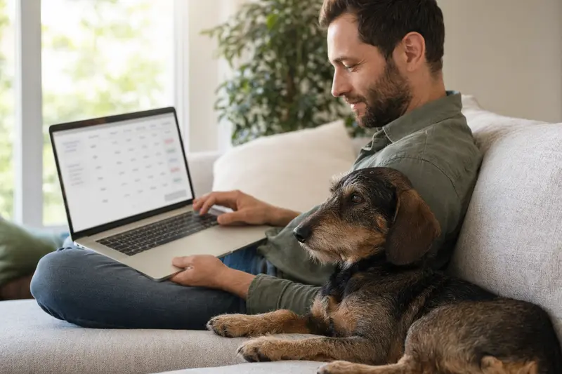 Besitzer arbeitet am Laptop auf dem Sofa, neben ihm sitzt ein Rauhhaariger Istrianer Bracke, während sie eine neutrale Versicherungsvergleichs-Seite betrachten.