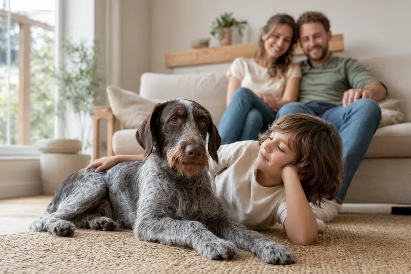 Ein Rebhuhnhund liegt entspannt neben einem Kind im Wohnzimmer, während die Eltern im Hintergrund eine warme Familienatmosphäre schaffen.