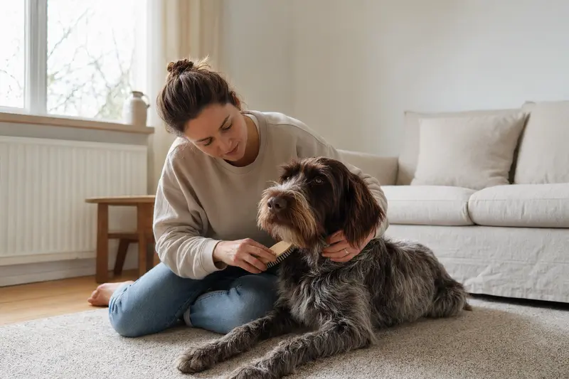 Ein Rebhuhnhund wird in der Wohnung sanft gebürstet, während sich der Besitzer liebevoll um die Fellpflege kümmert.