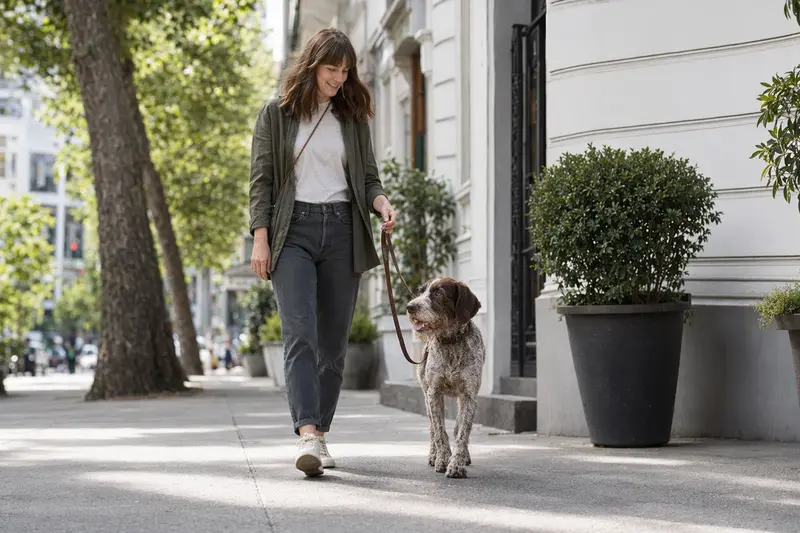 Ein Rebhuhnhund läuft an der Leine mit seinem Besitzer durch eine freundliche moderne Stadtstraße.