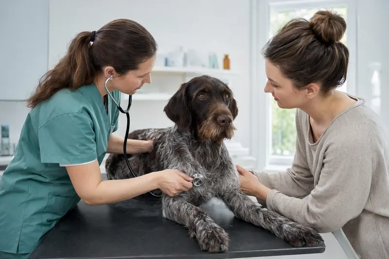 Ein Rebhuhnhund auf einem Untersuchungstisch in einer modernen Tierarztpraxis, während eine Tierärztin ihn mit einem Stethoskop untersucht.