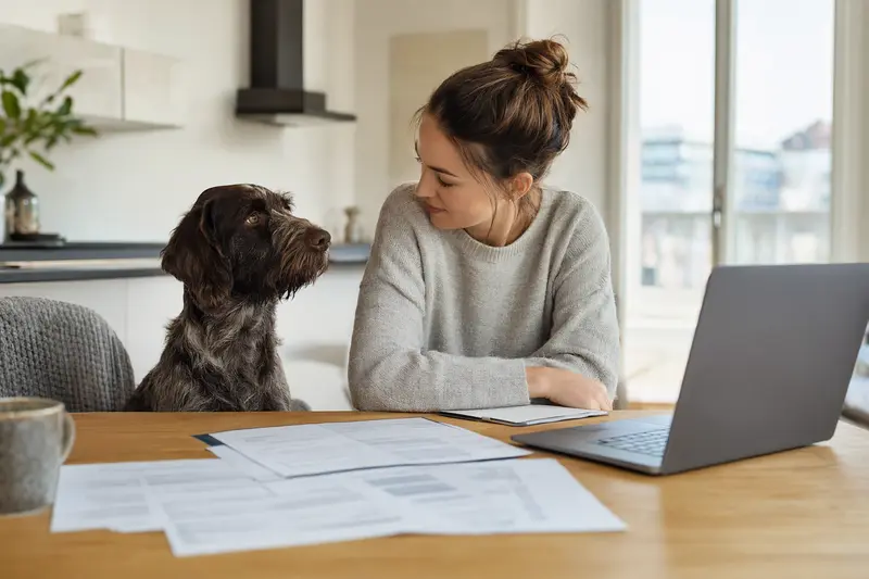 Ein Rebhuhnhund sitzt ruhig neben seinem Besitzer am Küchentisch, auf dem Versicherungsunterlagen und ein Laptop mit einer neutralen Vergleichsseite liegen.
