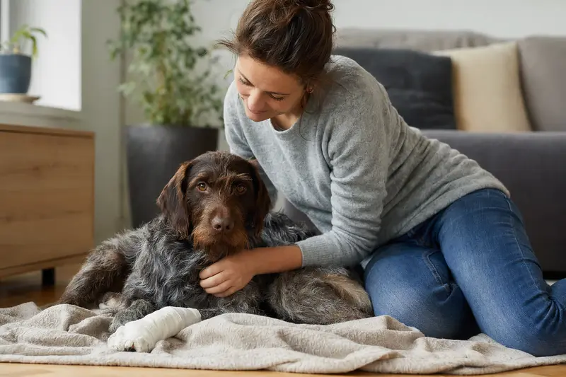 Ein ruhiger Hund mit leicht bandagierter Pfote liegt auf einer Decke, während sein Besitzer erleichtert neben ihm sitzt.