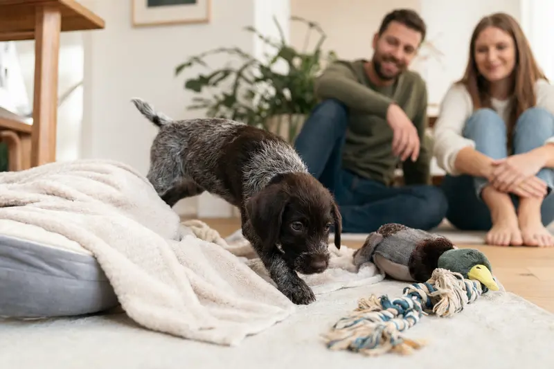 Ein junger Rebhuhnhund Welpe erkundet neugierig sein neues Zuhause, umgeben von einer liebevollen Familie und buntem Spielzeug.