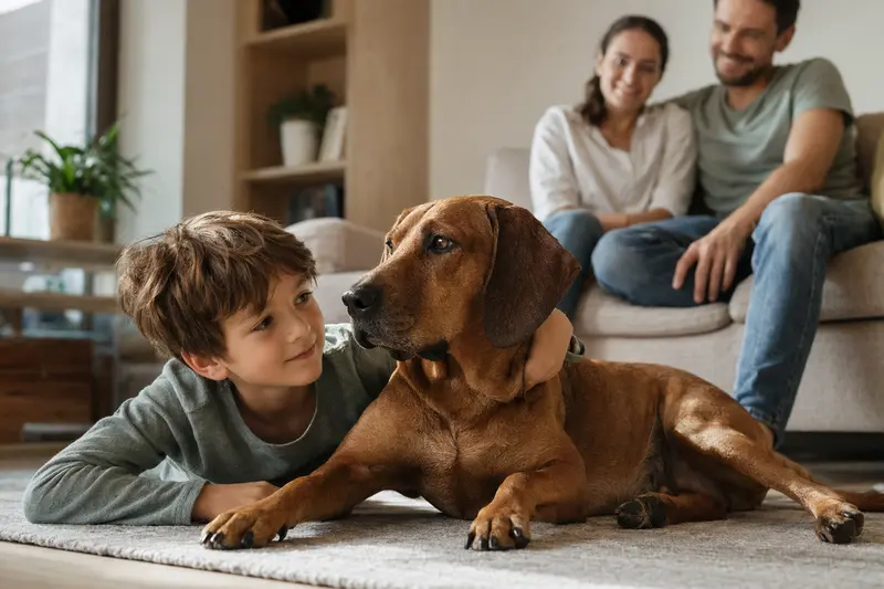 Ein freundlicher Redbone Coonhound liegt entspannt neben einem Kind im Wohnzimmer, während die Eltern im Hintergrund für eine sichere Familienatmosphäre sorgen.