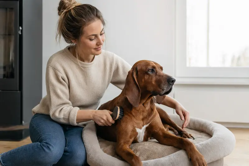 Ein Redbone Coonhound wird zuhause liebevoll gebürstet, während sein Besitzer die Fellpflege in einer hellen Wohnung ruhig und sorgfältig übernimmt.