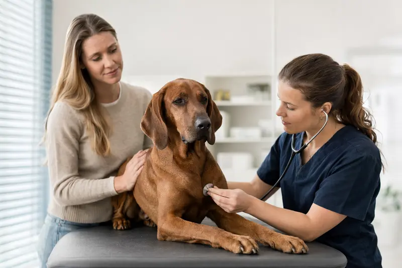 Ein ruhiger Redbone Coonhound auf einem Untersuchungstisch während einer freundlichen Untersuchung durch eine Tierärztin.