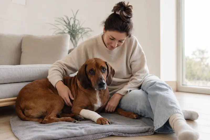 Ein Redbone Coonhound mit leicht verbundenem Pfotenverband liegt ruhig auf einer Decke, während sein Besitzer erleichtert neben ihm sitzt.