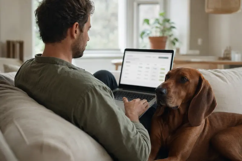 Ein Hundebesitzer sitzt mit einem Redbone Coonhound auf dem Sofa und vergleicht Versicherungen auf einem Laptop.