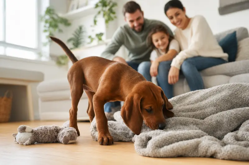 Ein neugieriger Redbone Coonhound Welpe erkundet sein neues Zuhause mit einer liebevollen Familie im Hintergrund.