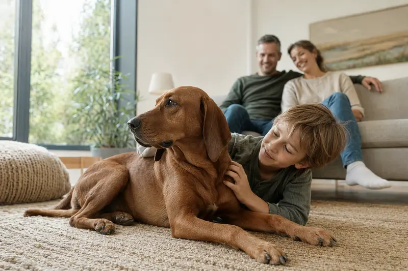Ein freundlicher Redtick Coonhound liegt entspannt neben einem Kind im hellen Wohnzimmer, während die Eltern im Hintergrund eine sichere Familienatmosphäre ausstrahlen.