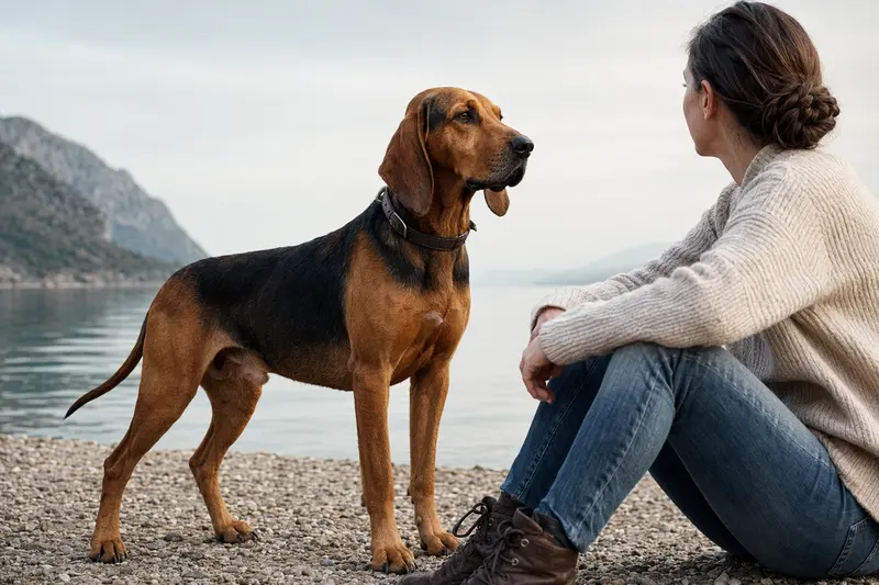 Ein aufmerksam stehender Redtick Coonhound vor hellem neutralem Hintergrund zeigt die typische Körperform und Fellstruktur der Rasse.
