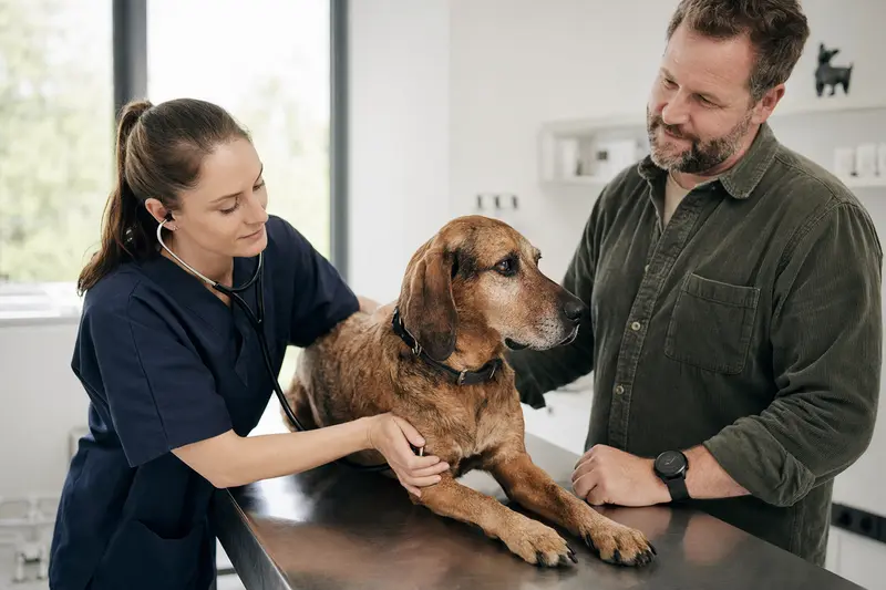 Ein Redtick Coonhound wird von einer Tierärztin in einer modernen Praxis mit einem Stethoskop untersucht, während der Besitzer beruhigend daneben steht.