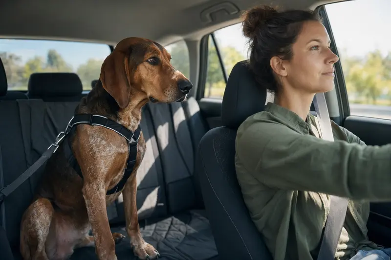 Ein Redtick Coonhound sitzt sicher angeschnallt auf der Rückbank eines Autos und zeigt den verantwortungsvollen Transport von Hunden im Alltag.