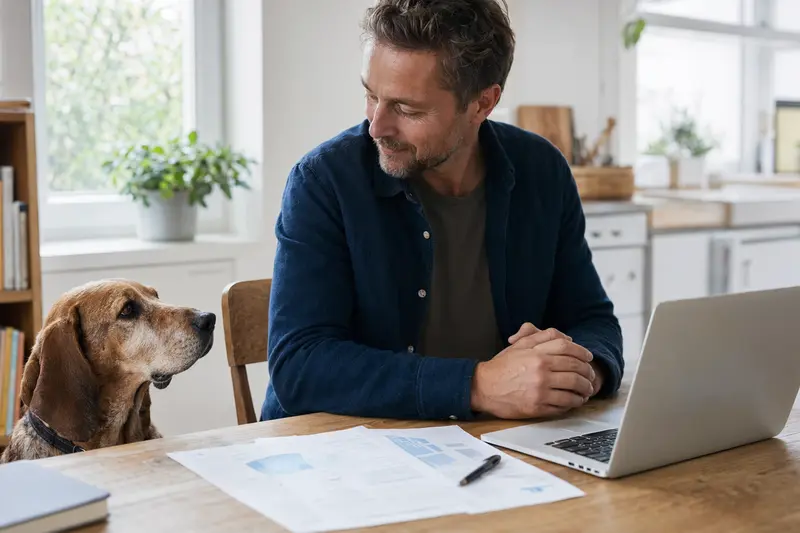 Ein Redtick Coonhound sitzt ruhig neben seinem Besitzer am Küchentisch mit Versicherungsunterlagen und einem Laptop zu einer Hundeversicherung.