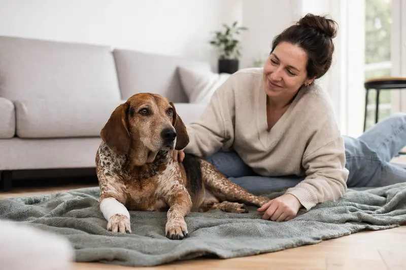 Ein Redtick Coonhound mit leicht verbundenen Pfote liegt ruhig auf einer Decke, während sein erleichterter Besitzer neben ihm sitzt.