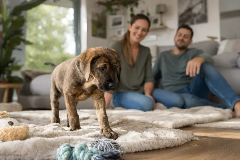 Ein Redtick Coonhound Welpe erkundet neugierig sein neues Zuhause mit Spielzeug und weicher Decke, während eine liebevolle Familie im Hintergrund zuschaut.