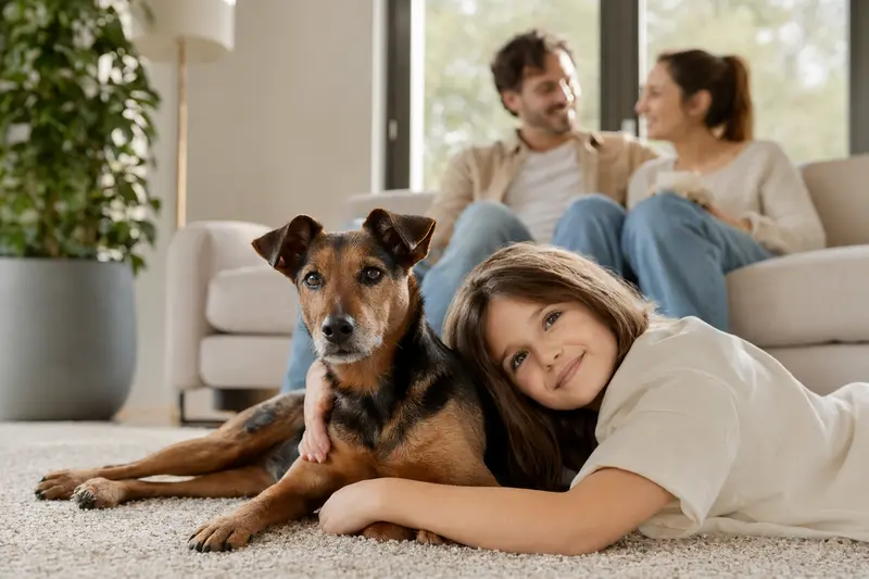 Ein freundlicher Rehpinscher liegt entspannt neben einem Kind im hellen Wohnzimmer, während die Eltern im Hintergrund eine sichere Familienatmosphäre schaffen.
