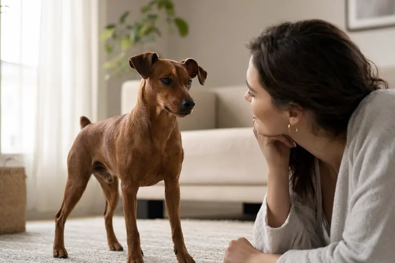 Ein aufmerksamer Rehpinscher steht in natürlicher Haltung vor hellem Hintergrund als realistisches Hundeportrait.