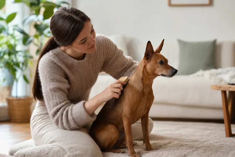 Ein Rehpinscher wird zuhause von seinem Besitzer sanft gebürstet, was die liebevolle Fellpflege und den Fokus auf Gesundheit zeigt.