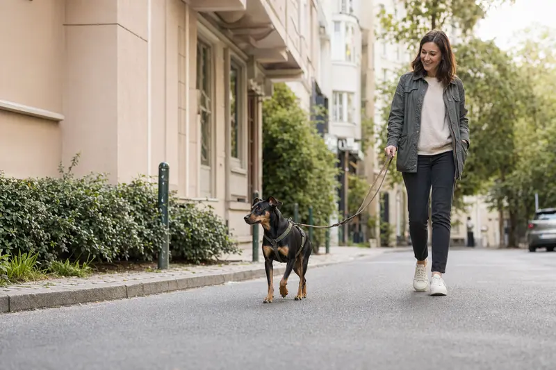 Ein Rehpinscher läuft an der Leine mit seinem Besitzer entspannt durch eine moderne Stadtstraße.