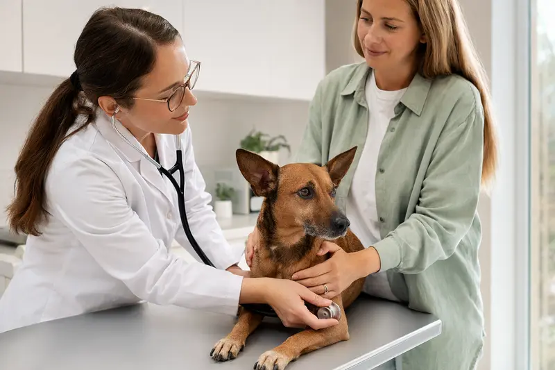Ein Rehpinscher wird von einer Tierärztin auf einem Untersuchungstisch freundlich untersucht.