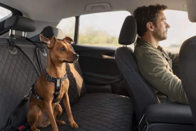 Ein Rehpinscher sitzt sicher angeschnallt auf der Rückbank eines Autos, während der Besitzer ruhig fährt und Sonnenlicht durch das Fenster fällt.