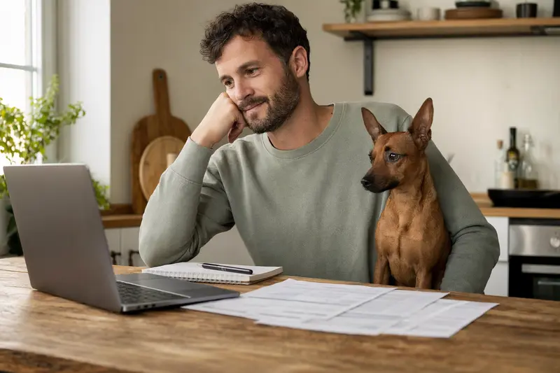 Ein Rehpinscher sitzt ruhig neben seinem Besitzer am Küchentisch mit Versicherungsunterlagen und einem Laptop zur Hundekrankenversicherung.