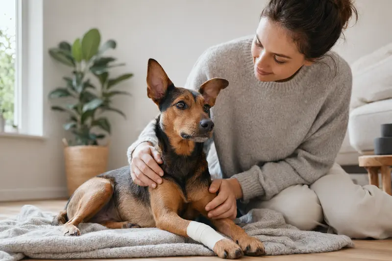 Ein Rehpinscher mit leicht verbundenen Pfote liegt ruhig auf einer Decke, während sein Besitzer erleichtert neben ihm sitzt.