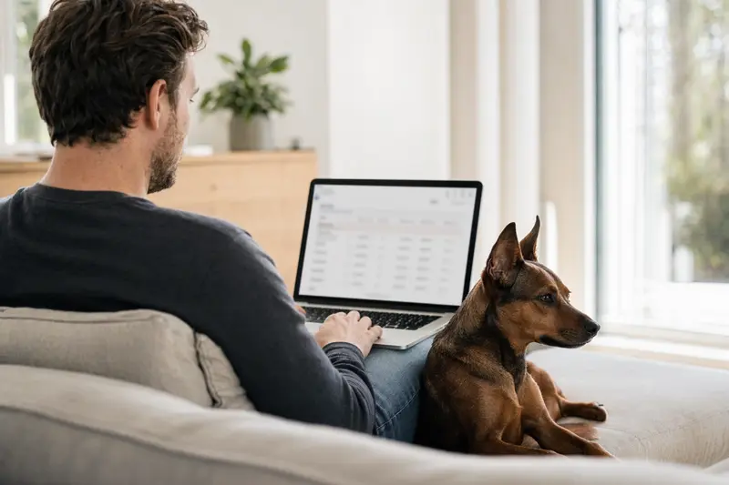 Ein Hundebesitzer sitzt mit einem Laptop auf dem Sofa, während ein Rehpinscher neben ihm liegt und die neutrale Versicherungsvergleichsseite auf dem Bildschirm angezeigt wird.