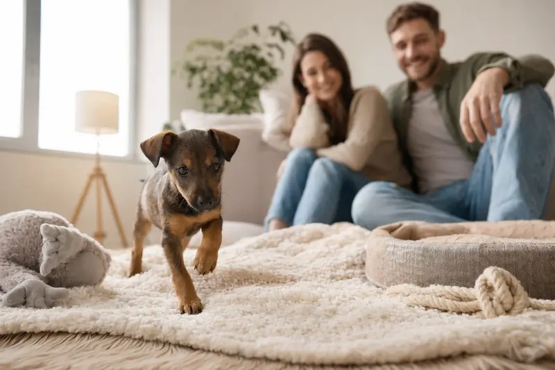 Ein neugieriger Rehpinscher Welpe erkundet seine neue Umgebung mit Spielzeug und einer weichen Decke in einer hellen Wohnung.