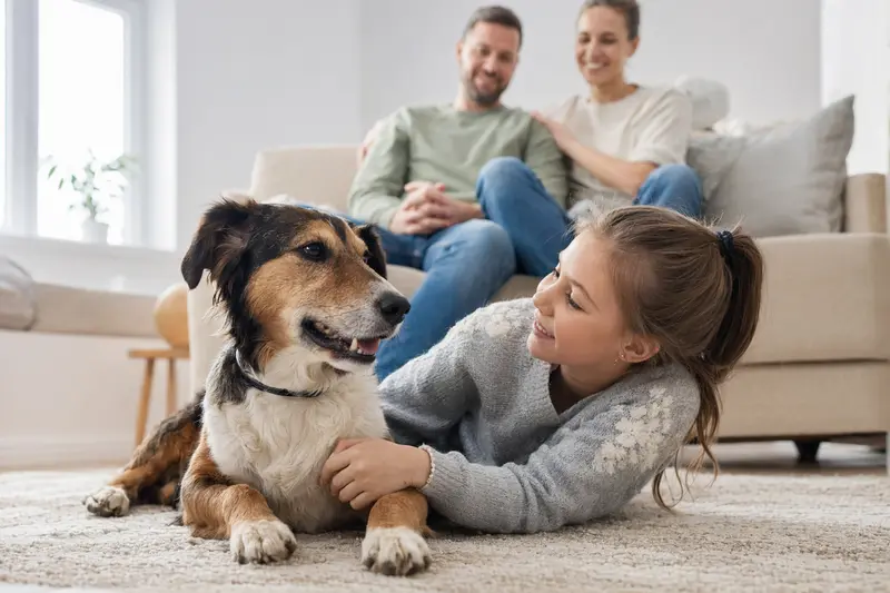 Ein entspannter Rehrattler Hund liegt neben einem Kind im hellen Wohnzimmer, während die Eltern im Hintergrund eine sichere Familienatmosphäre vermitteln.