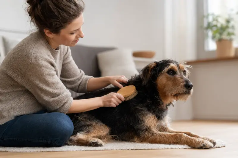 Ein Rehrattler Hund wird zuhause von seinem Besitzer sanft gebürstet und gepflegt.